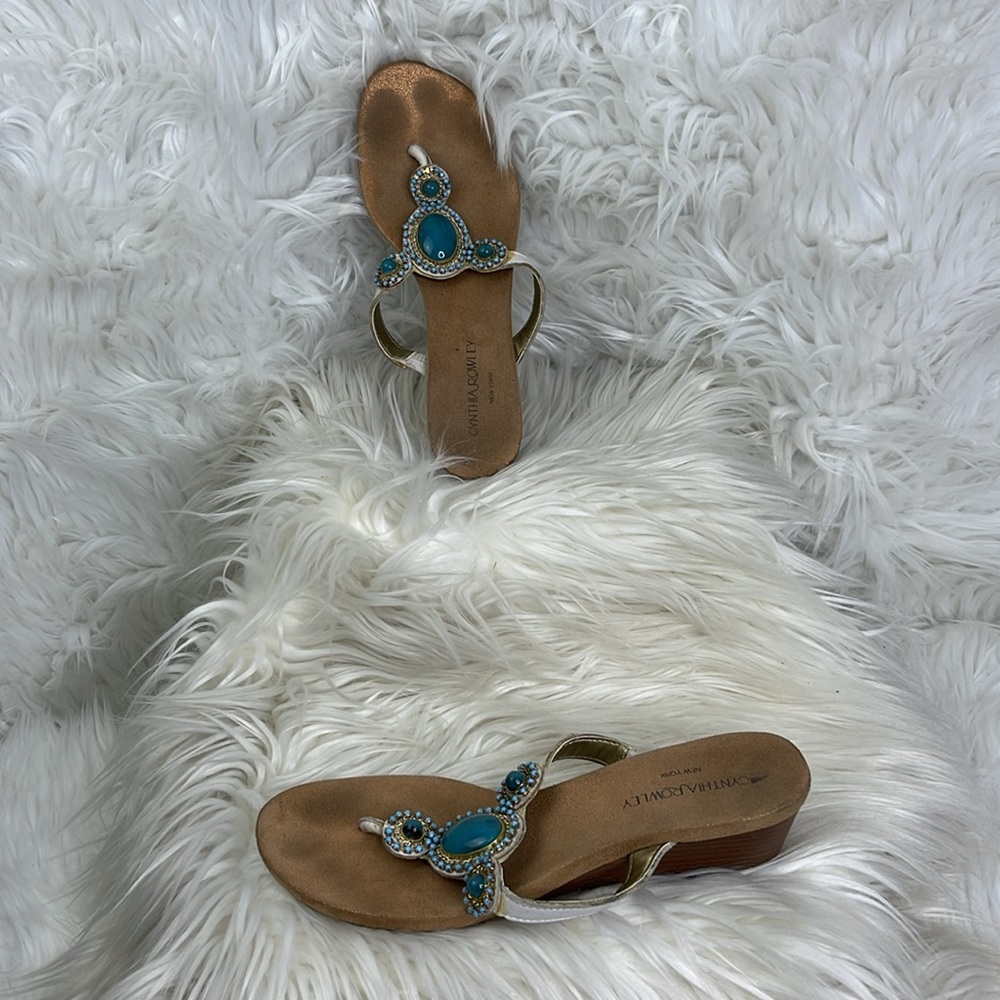 Cynthia Rowley Celebrate Thong Sandals White Leather Turquoise Detail sz…